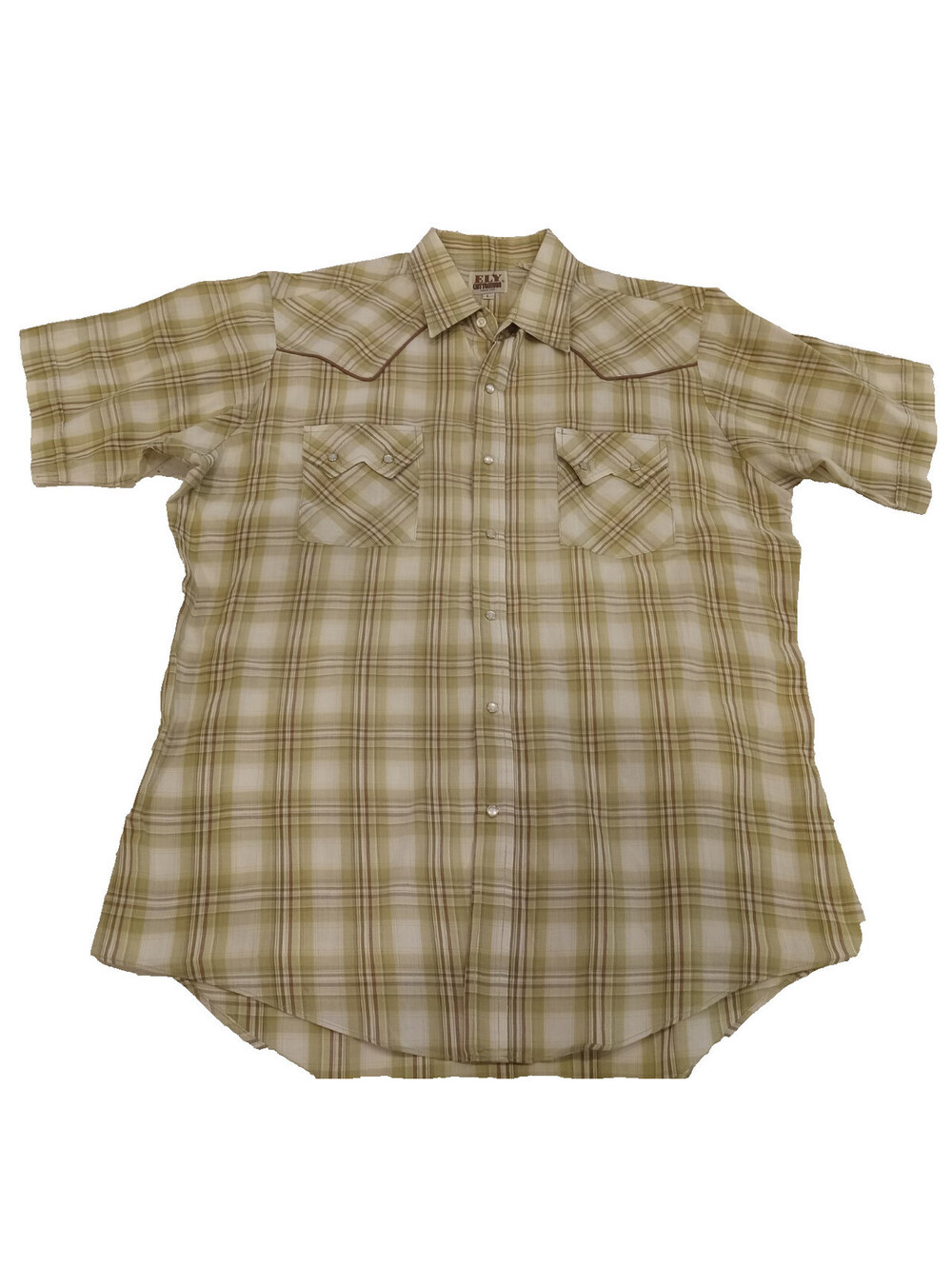 Ely Cattleman Western Shirt Mens Large Beige Green Plaid Pearl Snap Long L